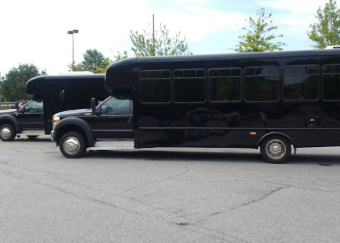 Exterior View of Black 44 Passenger Buses